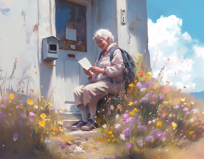 older woman reading a card outside her front door